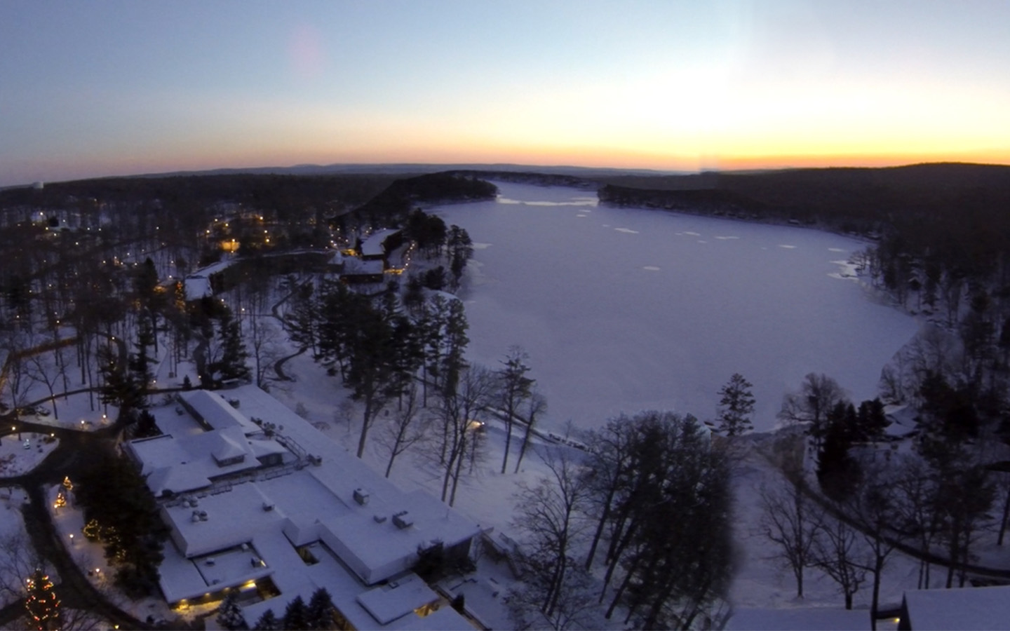 Aerial view of Woodloch Resort and Lake Teedyuskung in winter.