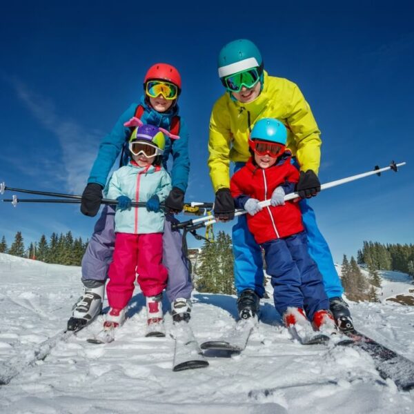 A family skiing at Ski Big Bear at Masthope Mountain.