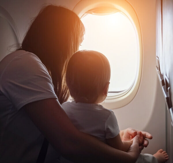 A mother and son on one of the flights to the Poconos.